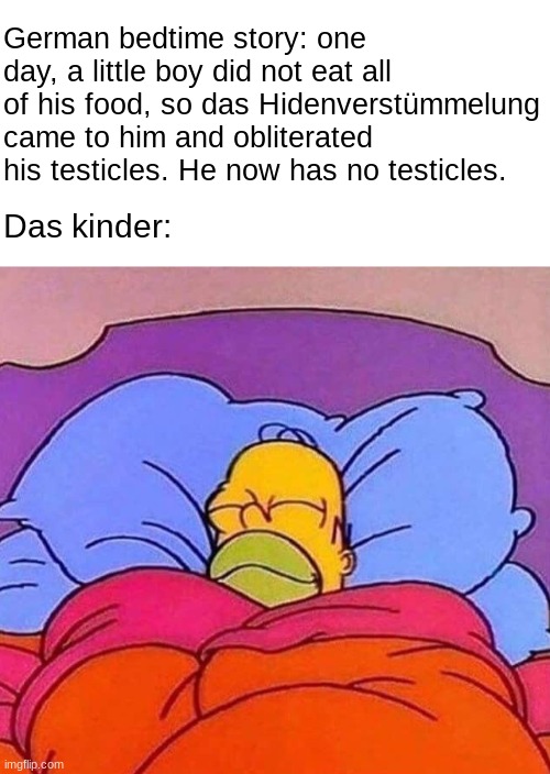 oh yeah that one's a classic | German bedtime story: one day, a little boy did not eat all of his food, so das Hidenverstümmelung came to him and obliterated his testicles. He now has no testicles. Das kinder: | image tagged in blank white template,homer simpson sleeping peacefully,germany,funny,memes,funny memes | made w/ Imgflip meme maker