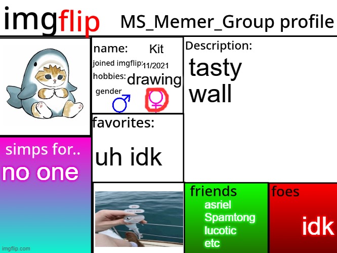 MSMG Profile | Kit; tasty wall; 11/2021; drawing; uh idk; no one; idk; asriel
Spamtong
lucotic
etc | image tagged in msmg profile | made w/ Imgflip meme maker