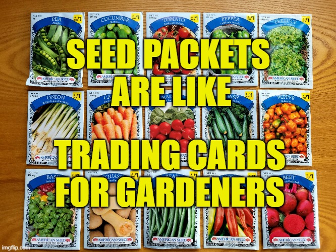 Gardener's Trading Cards | SEED PACKETS  ARE LIKE; TRADING CARDS FOR GARDENERS | image tagged in garden,gardening,seeds,trading cards,plants,growing | made w/ Imgflip meme maker