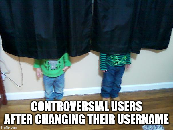 hide and seek | CONTROVERSIAL USERS AFTER CHANGING THEIR USERNAME | image tagged in hide and seek | made w/ Imgflip meme maker