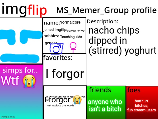 MSMG Profile | Normalcore; nacho chips dipped in (stirred) yoghurt; October 2022; Touching kids; I forgor; Wtf 😭; butthurt bitches, fun stream users; anyone who isn't a bitch; I forgor 😭 | image tagged in msmg profile | made w/ Imgflip meme maker