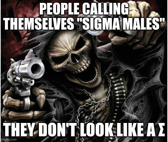Σ | PEOPLE CALLING THEMSELVES "SIGMA MALES"; THEY DON'T LOOK LIKE A Σ | image tagged in badass skeleton | made w/ Imgflip meme maker