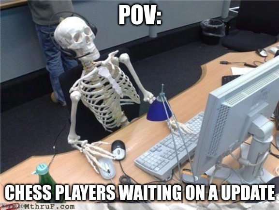 fun | POV:; CHESS PLAYERS WAITING ON A UPDATE | image tagged in waiting skeleton,chess | made w/ Imgflip meme maker