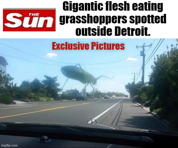 Exclusive | Gigantic flesh eating
grasshoppers spotted
outside Detroit. Exclusive Pictures | image tagged in fakenews | made w/ Imgflip meme maker