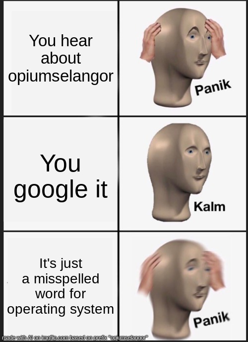 cryingggg | You hear about opiumselangor; You google it; It's just a misspelled word for operating system | image tagged in memes,panik kalm panik | made w/ Imgflip meme maker
