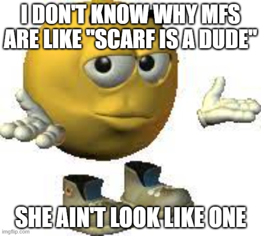 Emoji guy shrug | I DON'T KNOW WHY MFS ARE LIKE "SCARF IS A DUDE"; SHE AIN'T LOOK LIKE ONE | image tagged in emoji guy shrug | made w/ Imgflip meme maker