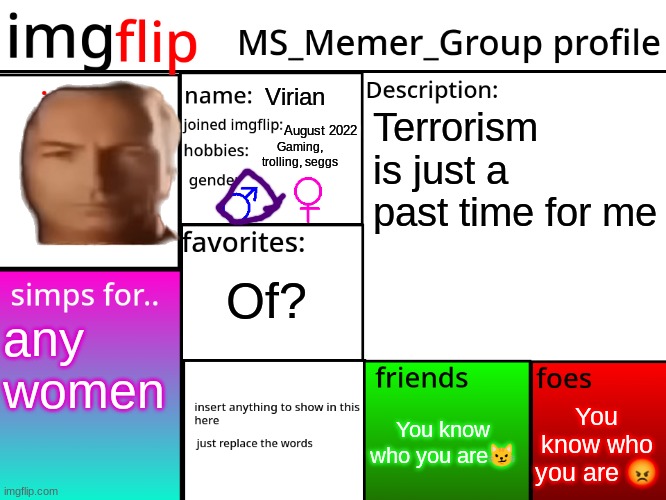 MSMG Profile | Virian; Terrorism is just a past time for me; August 2022; Gaming, trolling, seggs; Of? any women; You know who you are 😡; You know who you are😼 | image tagged in msmg profile | made w/ Imgflip meme maker