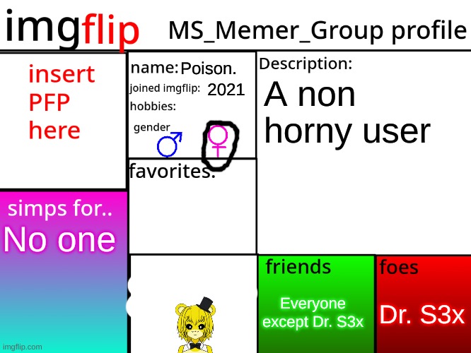 MSMG Profile | Poison. A non horny user; 2021; No one; Dr. S3x; Everyone except Dr. S3x | image tagged in msmg profile | made w/ Imgflip meme maker
