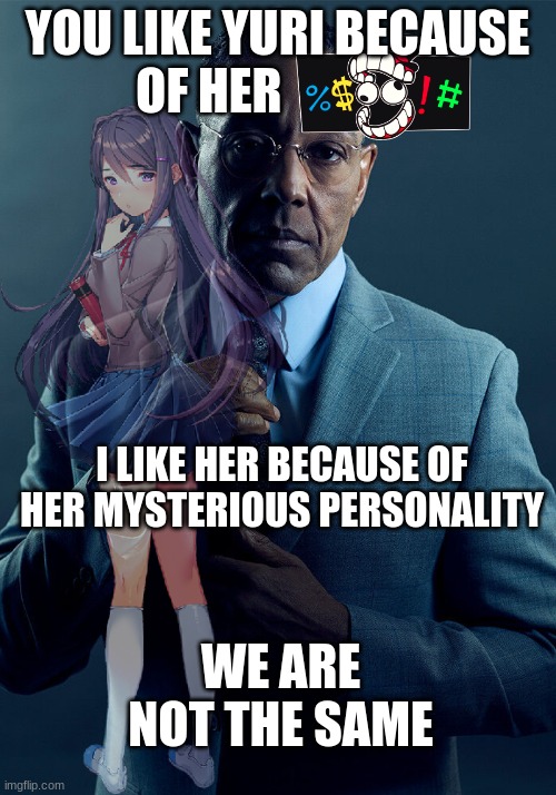 Gus Fring we are not the same | YOU LIKE YURI BECAUSE OF HER; I LIKE HER BECAUSE OF HER MYSTERIOUS PERSONALITY; WE ARE NOT THE SAME | image tagged in gus fring we are not the same,doki doki literature club,ddlc | made w/ Imgflip meme maker