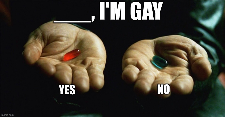 Yes or No! | ___, I'M GAY; YES; NO | image tagged in red pill blue pill | made w/ Imgflip meme maker