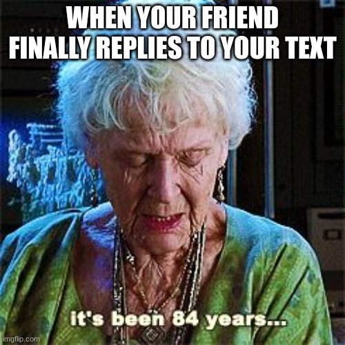 It's been 84 years | WHEN YOUR FRIEND FINALLY REPLIES TO YOUR TEXT | image tagged in it's been 84 years | made w/ Imgflip meme maker