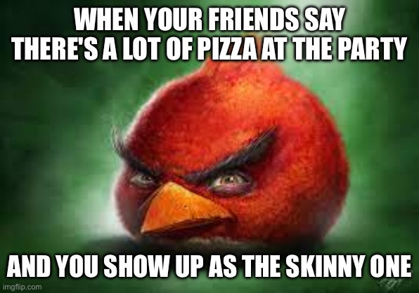 Pizza party! | WHEN YOUR FRIENDS SAY THERE'S A LOT OF PIZZA AT THE PARTY; AND YOU SHOW UP AS THE SKINNY ONE | image tagged in realistic red angry birds | made w/ Imgflip meme maker