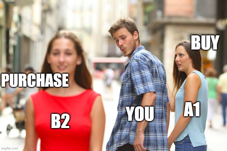 Buying vocabulary | BUY; PURCHASE; A1; YOU; B2 | image tagged in memes,distracted boyfriend,english,learning | made w/ Imgflip meme maker