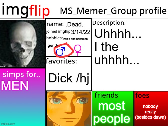 . | .Dead. Uhhhh... I the uhhhh... 3/14/22; zelda and pokemon; Dick /hj; MEN; nobody really (besides dawn); most people | image tagged in msmg profile | made w/ Imgflip meme maker
