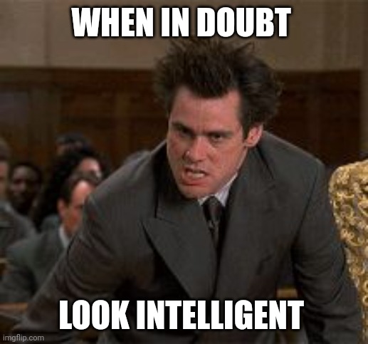 When in Doubt | WHEN IN DOUBT; LOOK INTELLIGENT | image tagged in my face when jim carrey,funny memes | made w/ Imgflip meme maker