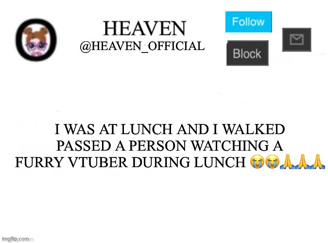 Heaven’s Template | I WAS AT LUNCH AND I WALKED PASSED A PERSON WATCHING A FURRY VTUBER DURING LUNCH 😭😭🙏🙏🙏 | image tagged in heaven s template | made w/ Imgflip meme maker