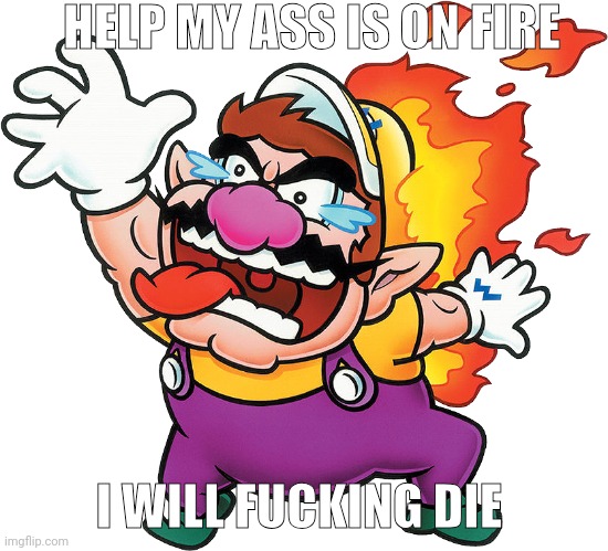 Fire Wario | HELP MY ASS IS ON FIRE; I WILL FUCKING DIE | image tagged in fire wario | made w/ Imgflip meme maker