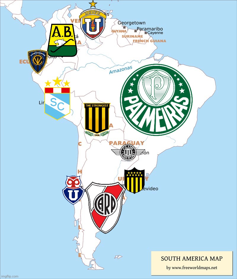 CONMEBOL South American Domestic Leagues Champions 2024 Map (in my opinion) | image tagged in river plate,palmeiras,chile,south america,futbol,brazil | made w/ Imgflip meme maker