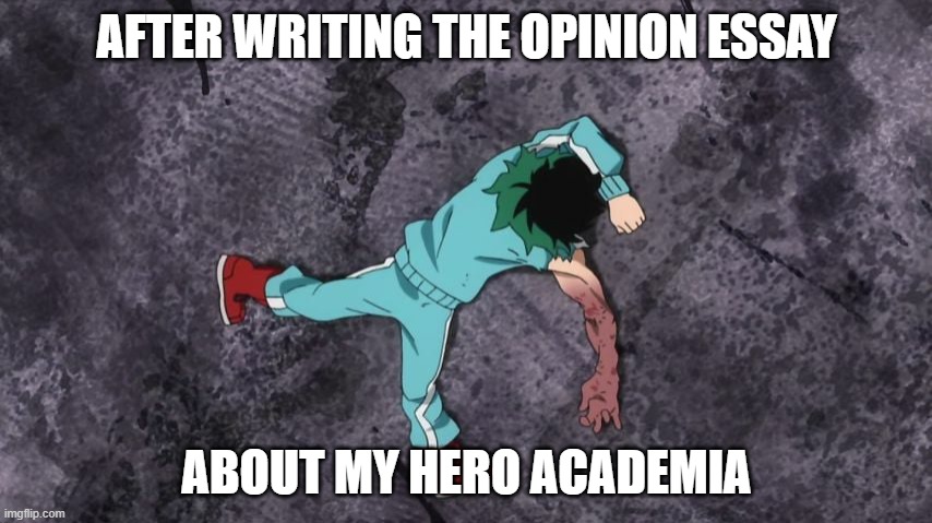 My Hero Academia | AFTER WRITING THE OPINION ESSAY; ABOUT MY HERO ACADEMIA | image tagged in my hero academia,deku,mha,lol | made w/ Imgflip meme maker
