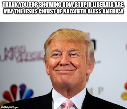 Donald trump approves | THANK YOU FOR SHOWING HOW STUPID LIBERALS ARE.
MAY THE JESUS CHRIST OF NAZARETH BLESS AMERICA | image tagged in donald trump approves | made w/ Imgflip meme maker