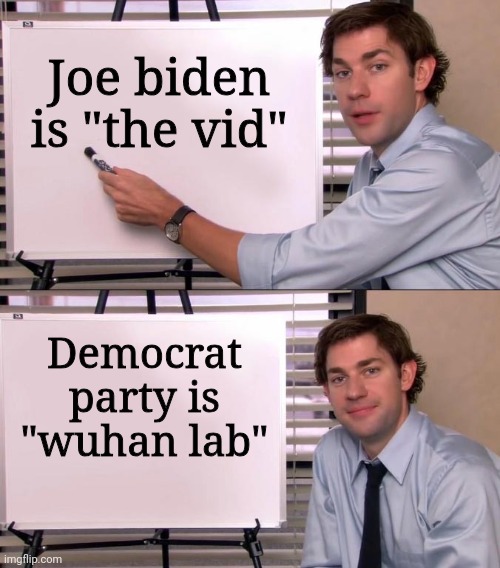 Go the source | Joe biden is "the vid"; Democrat party is "wuhan lab" | image tagged in jim halpert explains | made w/ Imgflip meme maker