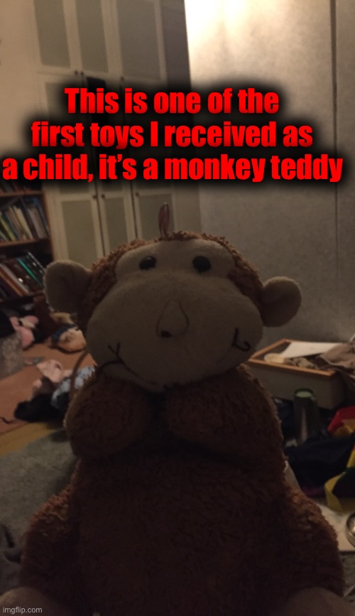 It’s so damn old | This is one of the first toys I received as a child, it’s a monkey teddy | made w/ Imgflip meme maker