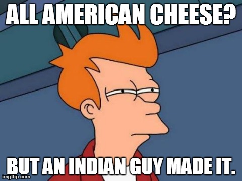 Futurama Fry Meme | ALL AMERICAN CHEESE? BUT AN INDIAN GUY MADE IT. | image tagged in memes,futurama fry | made w/ Imgflip meme maker