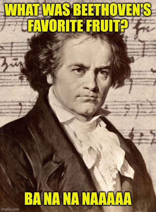 Ludwig van Beethoven | WHAT WAS BEETHOVEN'S FAVORITE FRUIT? BA NA NA NAAAAA | image tagged in ludwig van beethoven | made w/ Imgflip meme maker