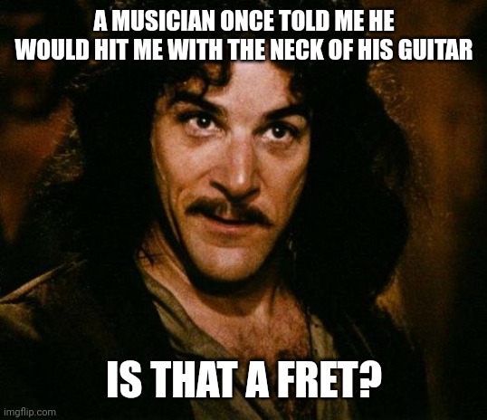 Inigo Montoya Meme | A MUSICIAN ONCE TOLD ME HE WOULD HIT ME WITH THE NECK OF HIS GUITAR; IS THAT A FRET? | image tagged in memes,inigo montoya | made w/ Imgflip meme maker
