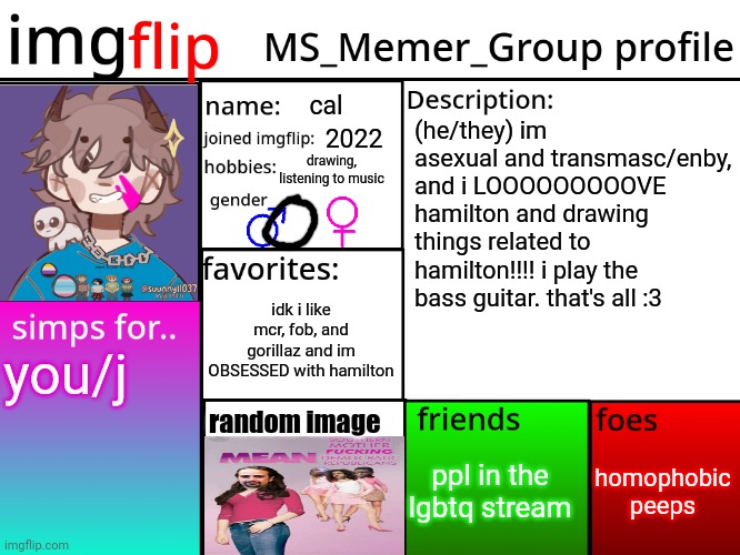 mean southern motherfucking democratic republicans | cal; (he/they) im asexual and transmasc/enby, and i LOOOOOOOOOVE hamilton and drawing things related to hamilton!!!! i play the bass guitar. that's all :3; 2022; drawing, listening to music; idk i like mcr, fob, and gorillaz and im OBSESSED with hamilton; you/j; random image; homophobic peeps; ppl in the lgbtq stream | image tagged in msmg profile | made w/ Imgflip meme maker