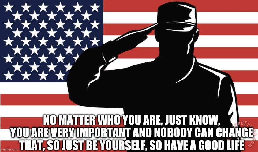 saluting soldier | NO MATTER WHO YOU ARE, JUST KNOW, YOU ARE VERY IMPORTANT AND NOBODY CAN CHANGE THAT, SO JUST BE YOURSELF, SO HAVE A GOOD LIFE | image tagged in saluting soldier | made w/ Imgflip meme maker