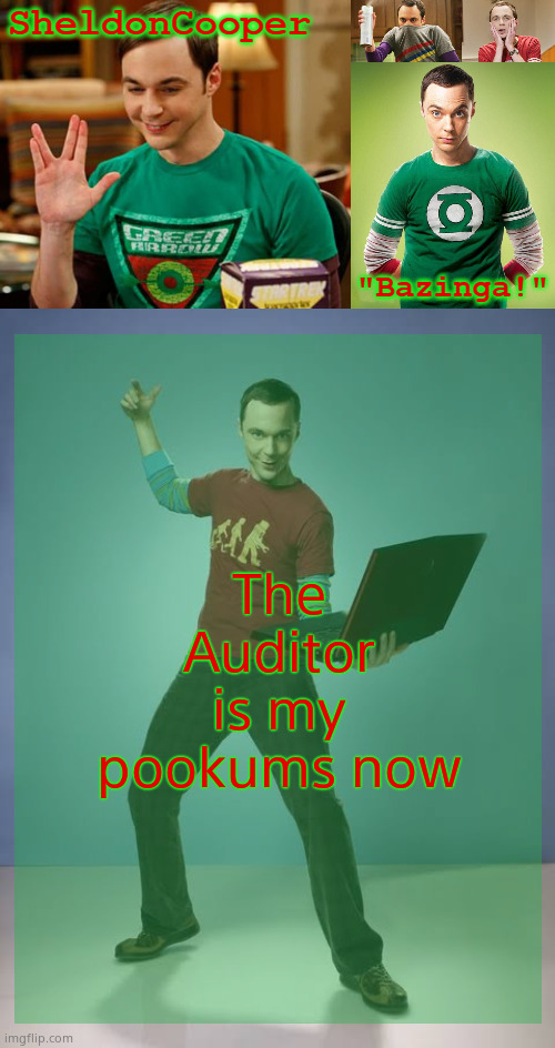 SheldonCooper Bazinga Announcement Temp | The Auditor is my pookums now | image tagged in sheldoncooper bazinga announcement temp | made w/ Imgflip meme maker