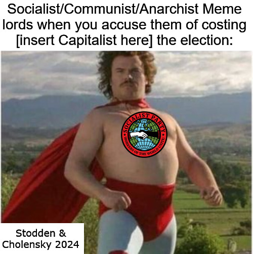 We do what we can | Socialist/Communist/Anarchist Meme lords when you accuse them of costing [insert Capitalist here] the election:; Stodden & Cholensky 2024 | made w/ Imgflip meme maker