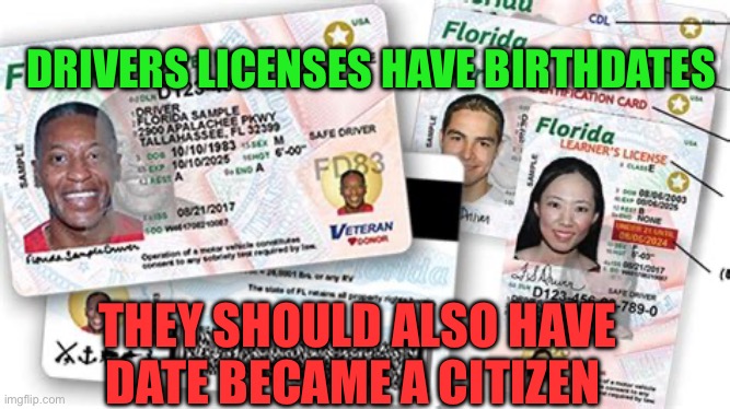 Include first day of citizenship | DRIVERS LICENSES HAVE BIRTHDATES; THEY SHOULD ALSO HAVE DATE BECAME A CITIZEN | image tagged in gifs,illegal aliens,immigration,license | made w/ Imgflip meme maker