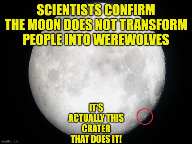 What if a crater on the Moon caused lycanthopy? | SCIENTISTS CONFIRM THE MOON DOES NOT TRANSFORM PEOPLE INTO WEREWOLVES; IT'S ACTUALLY THIS CRATER THAT DOES IT! | image tagged in full moon,werewolf,thinking,things that don't exist,good question,logical | made w/ Imgflip meme maker