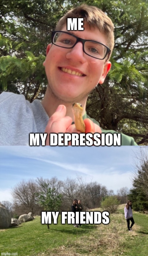 Me! | ME; MY DEPRESSION; MY FRIENDS | image tagged in happy scary friend snake,meme,real life | made w/ Imgflip meme maker