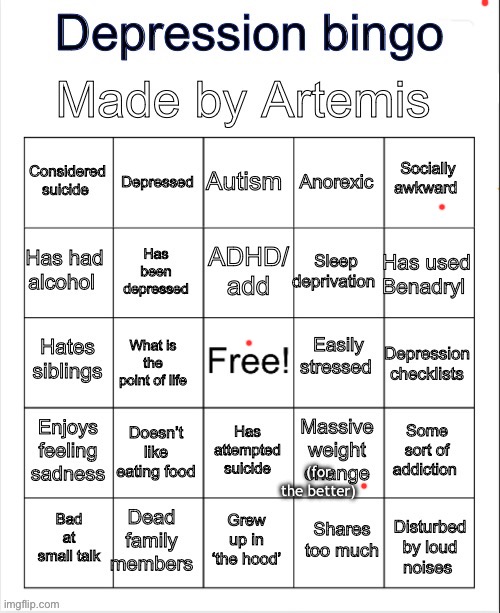 Depression bingo | (for the better) | image tagged in depression bingo | made w/ Imgflip meme maker
