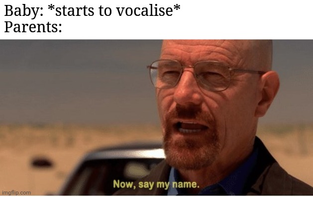Now, say my name | Baby: *starts to vocalise*
Parents: | image tagged in now say my name | made w/ Imgflip meme maker