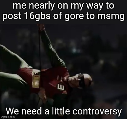 We need a little controversy | me nearly on my way to post 16gbs of gore to msmg; satire or not satire?, i do not care. | image tagged in we need a little controversy | made w/ Imgflip meme maker
