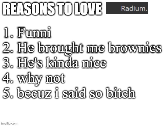 happy to say Radium is one of the best fwiends <3 | 1. Funni
2. He brought me brownies
3. He's kinda nice
4. why not
5. becuz i said so bitch | image tagged in reasons to love | made w/ Imgflip meme maker