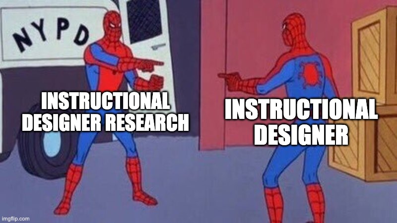 ID & ID Research | INSTRUCTIONAL
DESIGNER RESEARCH; INSTRUCTIONAL
DESIGNER | image tagged in spiderman pointing at spiderman | made w/ Imgflip meme maker