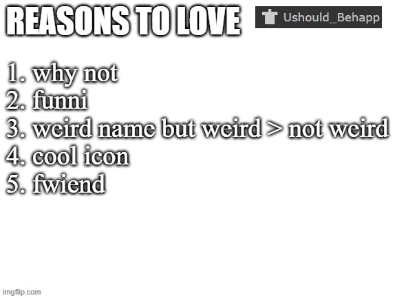 Reasons to love | 1. why not
2. funni
3. weird name but weird > not weird
4. cool icon
5. fwiend | image tagged in reasons to love | made w/ Imgflip meme maker