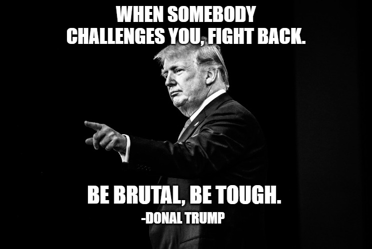 WHEN SOMEBODY CHALLENGES YOU, FIGHT BACK. BE BRUTAL, BE TOUGH. -DONAL TRUMP | made w/ Imgflip meme maker