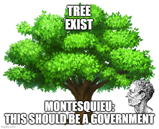 Enlightenment meme | TREE
EXIST; MONTESQUIEU:
 THIS SHOULD BE A GOVERNMENT | image tagged in enlightenment | made w/ Imgflip meme maker