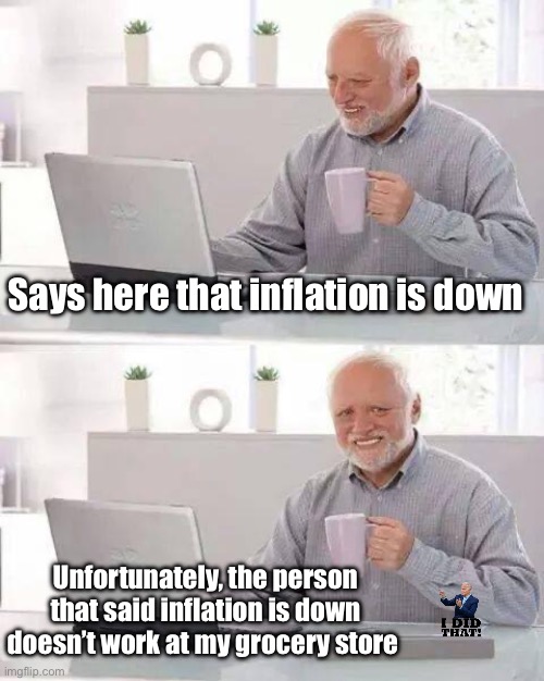 Low inflation sure is expensive | Says here that inflation is down; Unfortunately, the person that said inflation is down doesn’t work at my grocery store | image tagged in memes,hide the pain harold,politics lol,government corruption | made w/ Imgflip meme maker
