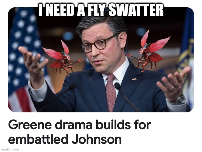 MAGA Pests | I NEED A FLY SWATTER | image tagged in mike johnson,marjorie taylor greene | made w/ Imgflip meme maker