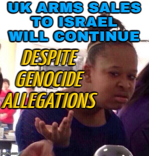 Britain will not block arms sales to Israel | UK ARMS SALES
TO ISRAEL
WILL CONTINUE; DESPITE
GENOCIDE
ALLEGATIONS | image tagged in memes,black girl wat,tories,uk,great britain,political meme | made w/ Imgflip meme maker
