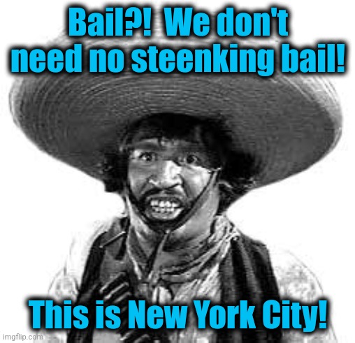Badges we dont need no stinking badges | Bail?!  We don't need no steenking bail! This is New York City! | image tagged in badges we dont need no stinking badges | made w/ Imgflip meme maker