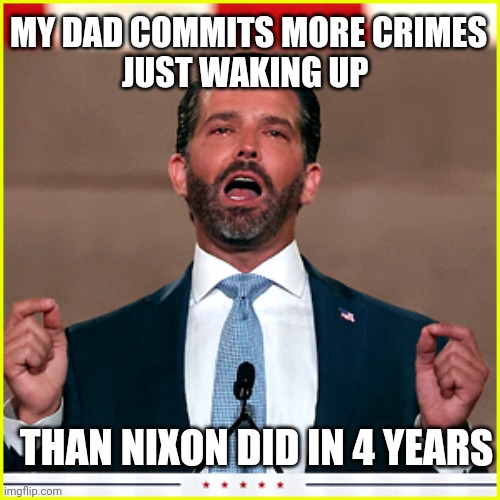 Don Jr. criminal dad | MY DAD COMMITS MORE CRIMES
JUST WAKING UP; THAN NIXON DID IN 4 YEARS | image tagged in cocaine,dad,criminal | made w/ Imgflip meme maker