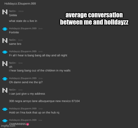 average conversation between me and holidayzz | made w/ Imgflip meme maker